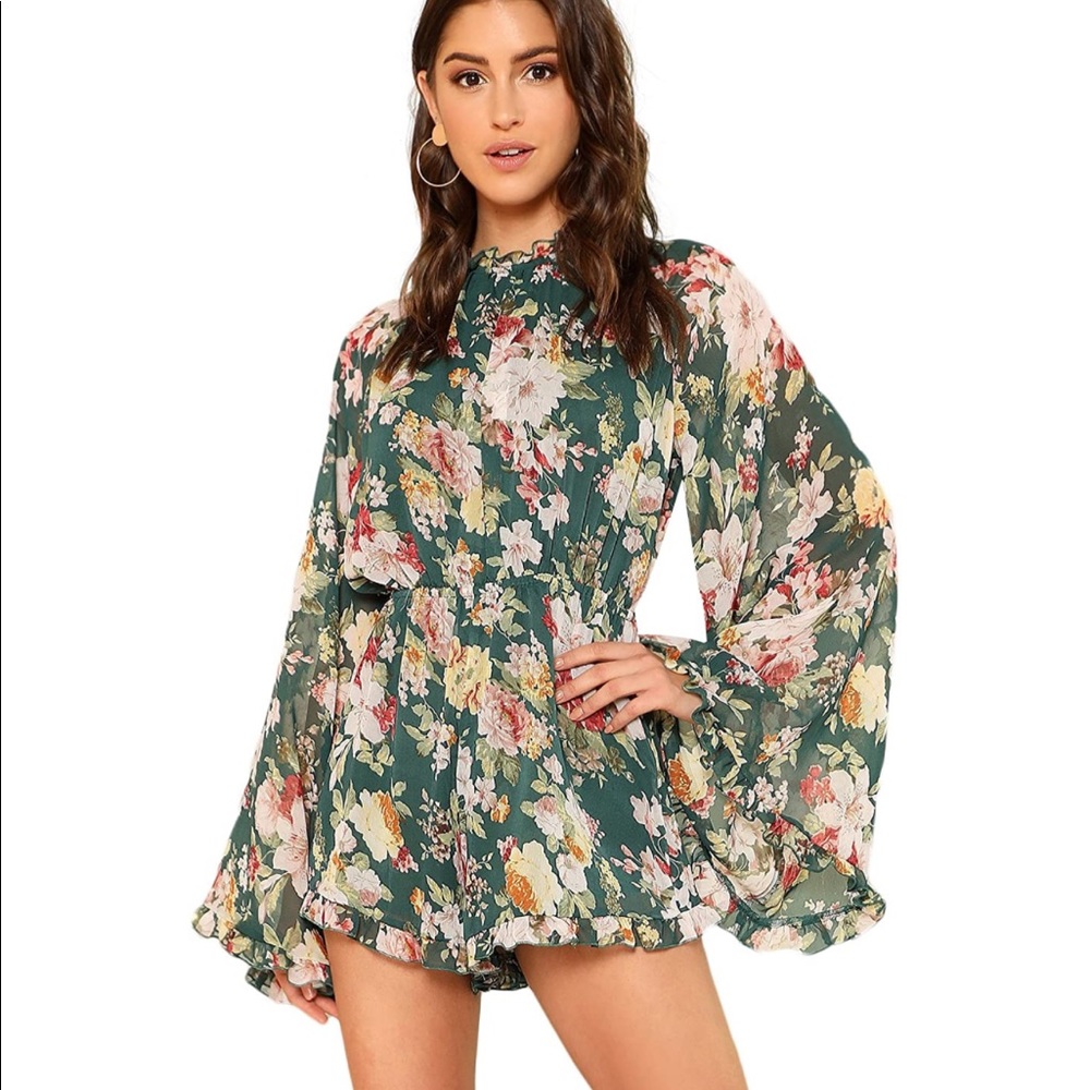 Floral Printed Ruffle Bell Sleeve Loose Fit Rompers
